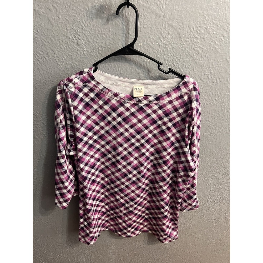 Blair Women's 3/4 Sleeve Purple White Plaid‎ Shirt Size Large